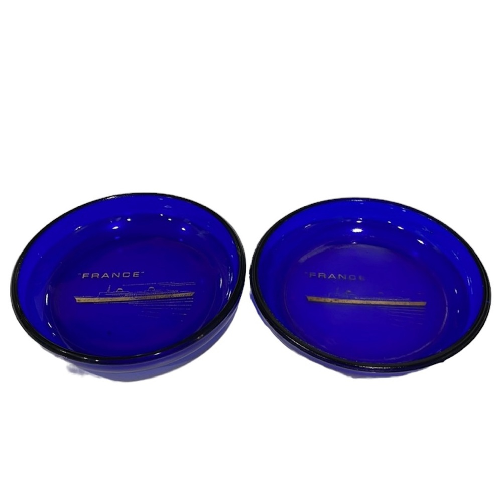 French Ocean Liner SS France Pair of Rare Blue Glass Coasters/Trinket Dishes
